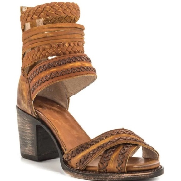 Freebird By Steven Axel Strap Heeled Braided Leather Sandals Chunk Heel Womens 7 - Picture 1 of 10